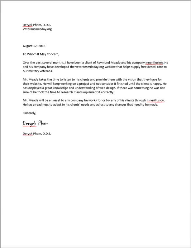 Veterans Smile Day Letter of Recommendation